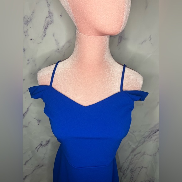 Express Women’s Elegant Blue Off-Shoulder Dress w/ slit sz S - Picture 2 of 6